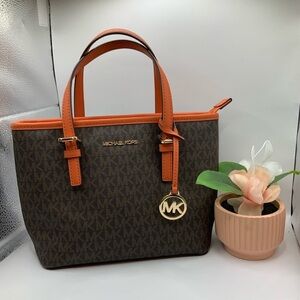Michael Kors Jet Set Carryall Tote Small Tangerine Brown Gold Tone Purse Bag